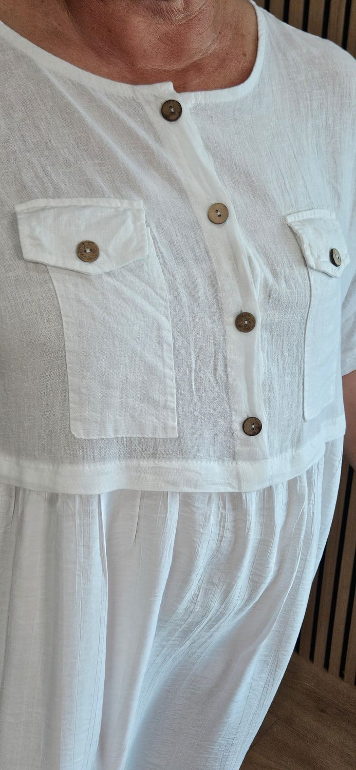 Linen Blend Pocket Midi Dress –  White