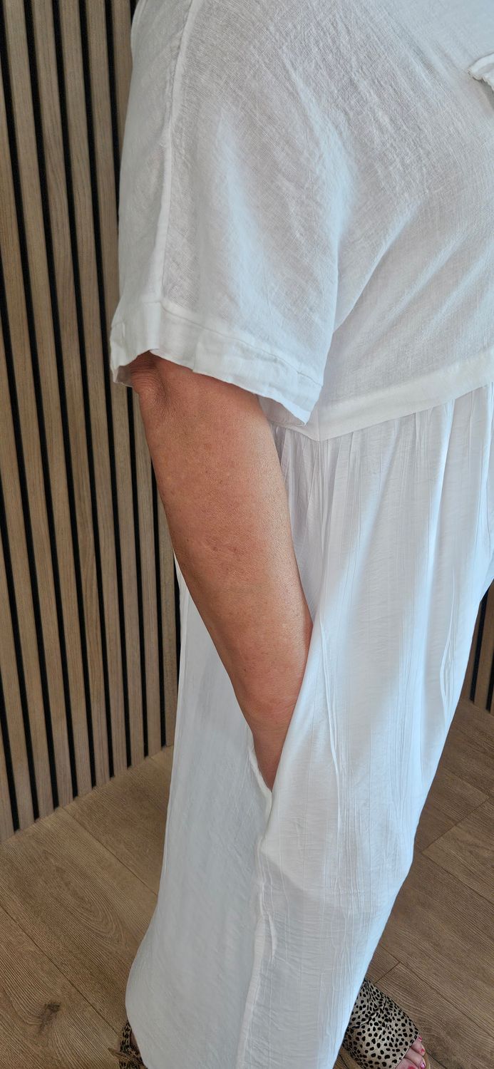 Linen Blend Pocket Midi Dress –  White
