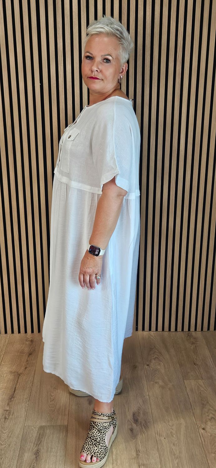 Linen Blend Pocket Midi Dress –  White