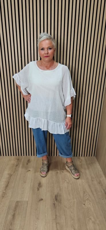 Mesh Frill Detail Cotton Top - White