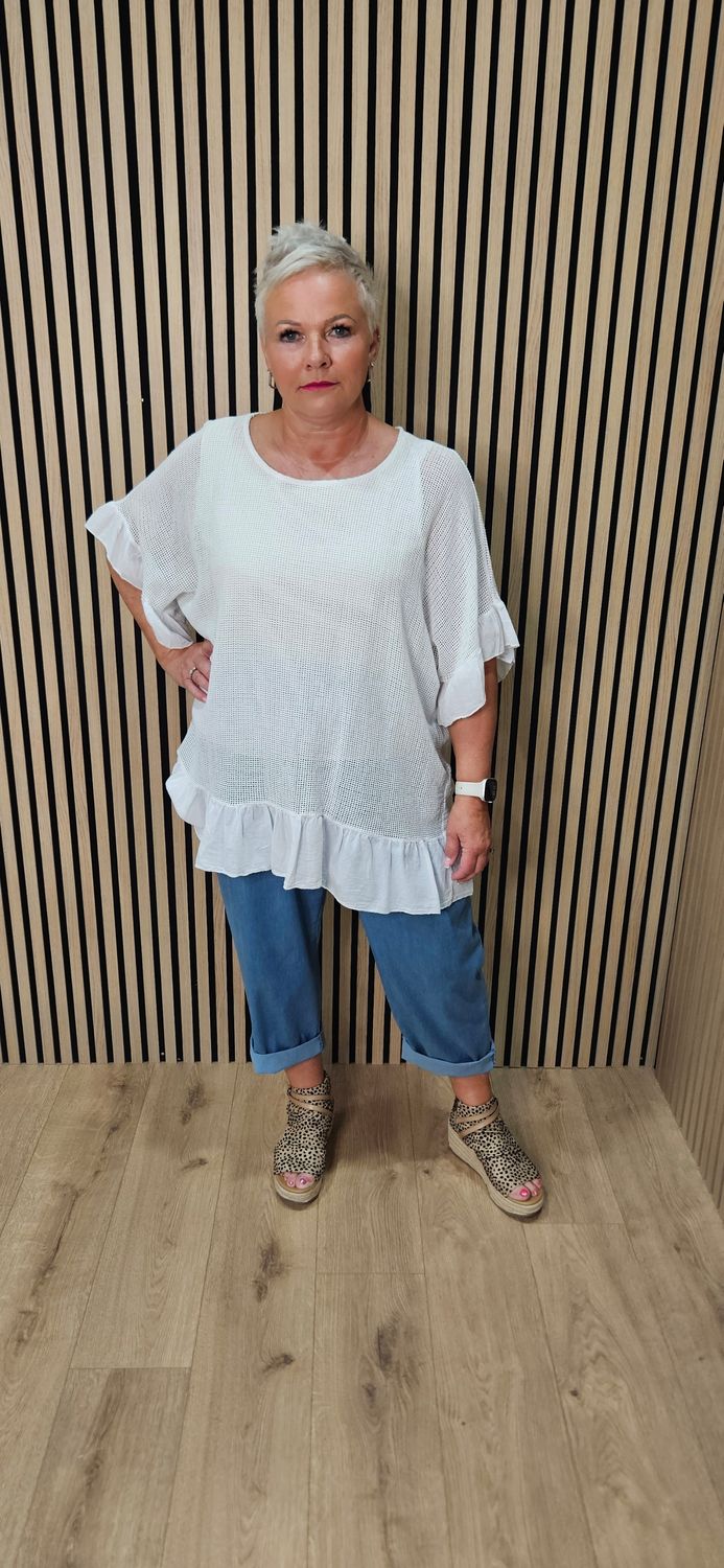 Mesh Frill Detail Cotton Top - White