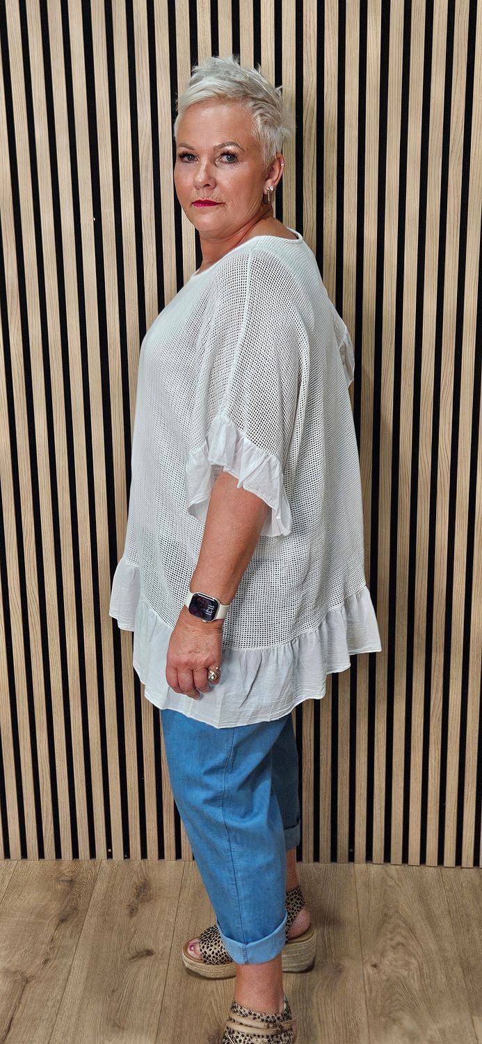 Mesh Frill Detail Cotton Top - White