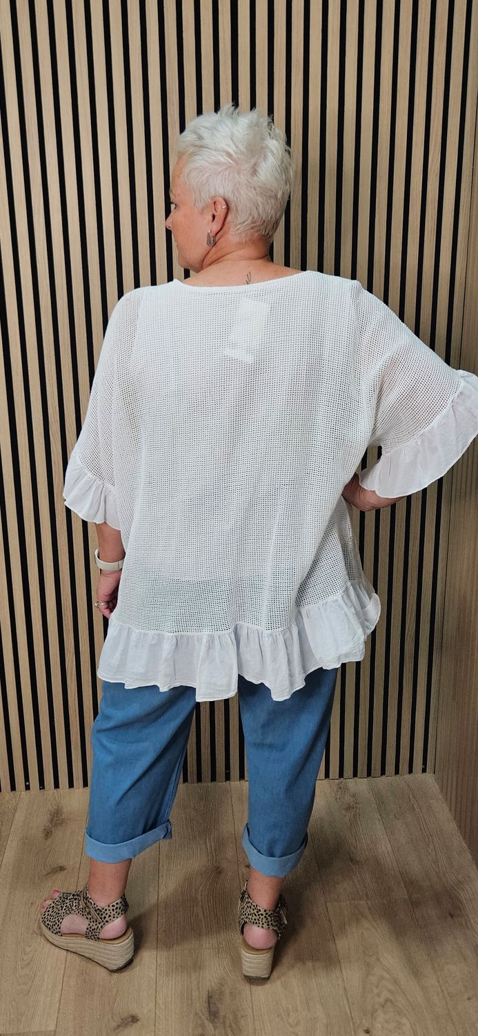Mesh Frill Detail Cotton Top - White