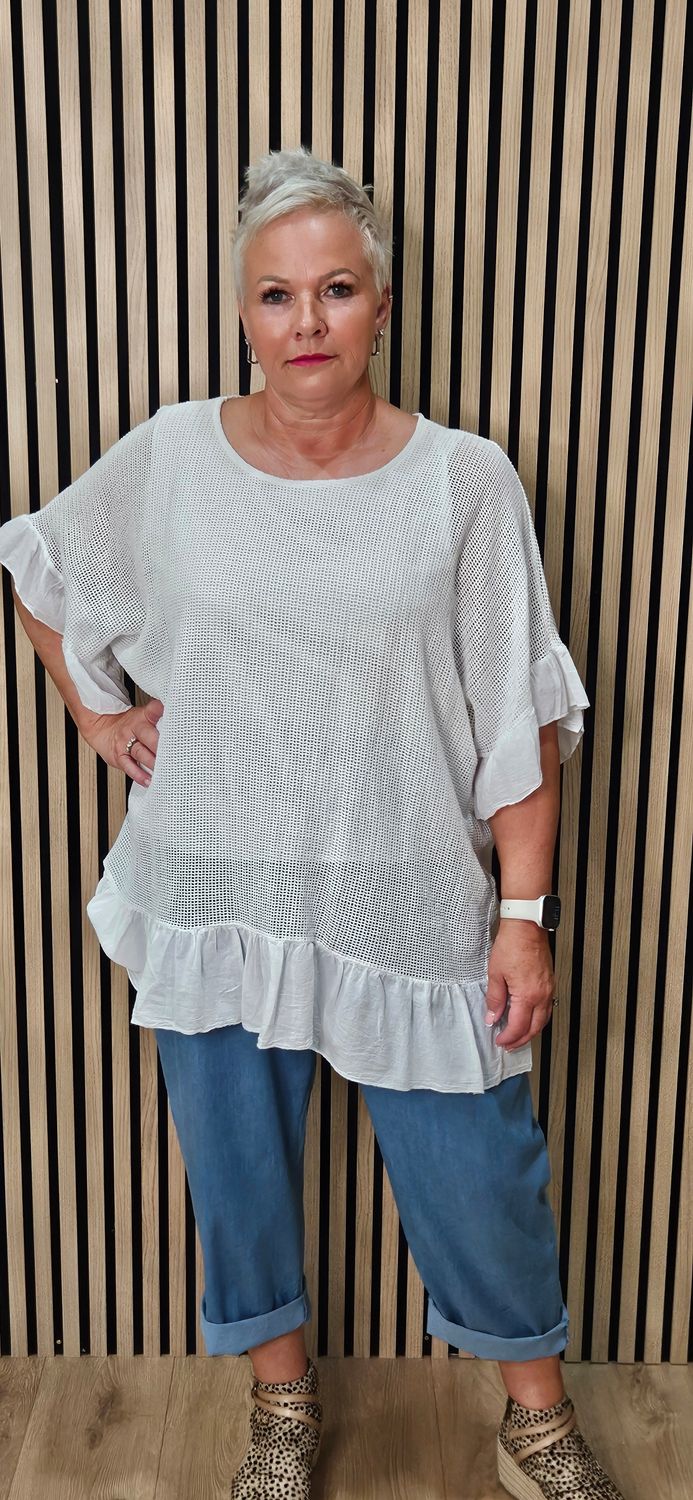 Mesh Frill Detail Cotton Top - White