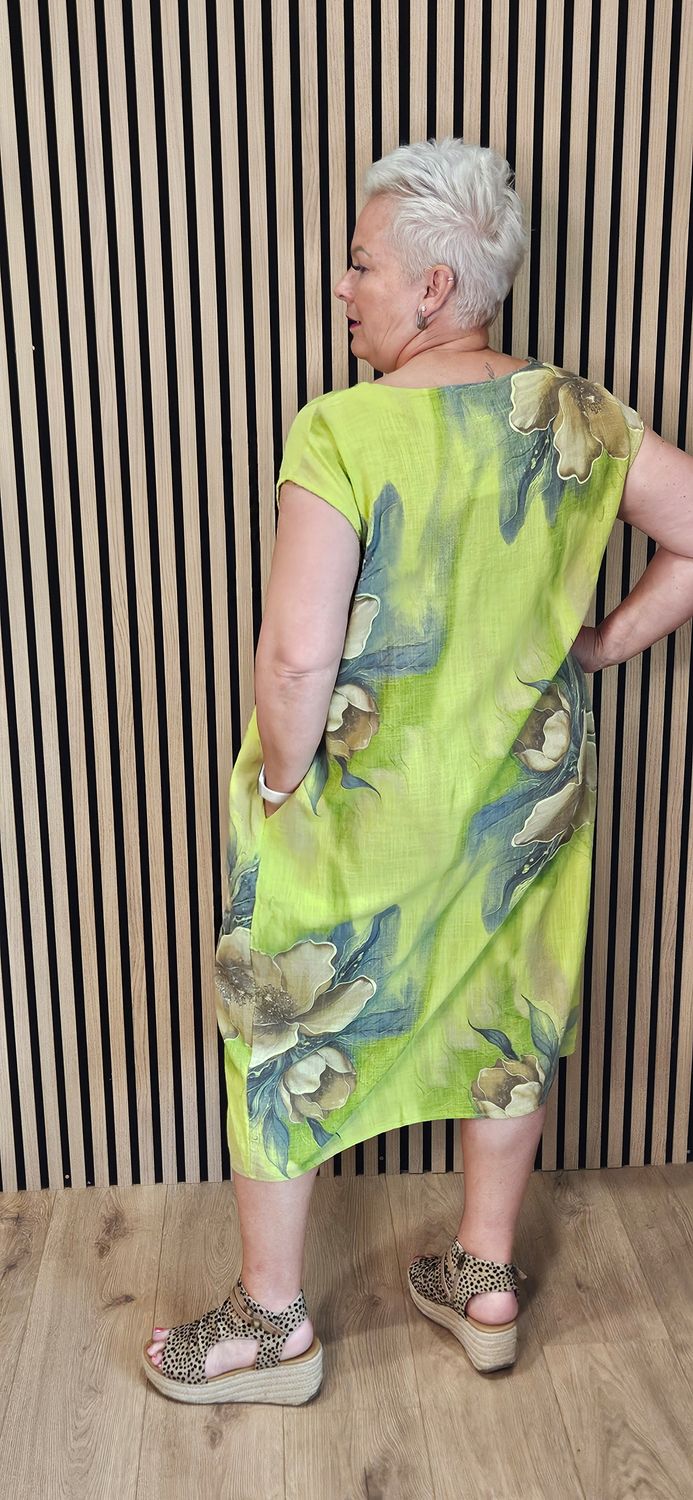 Floral Mesh Panel Cotton Dress – Lime green