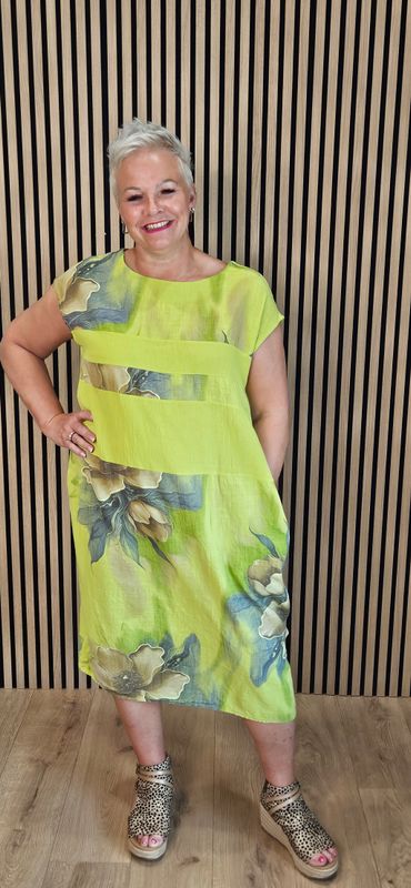 Floral Mesh Panel Cotton Dress – Lime green