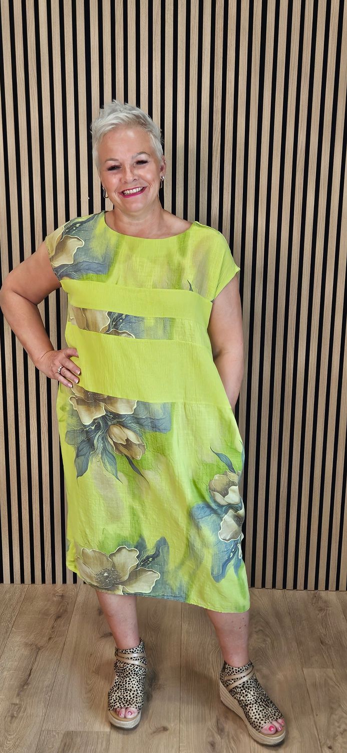 Floral Mesh Panel Cotton Dress – Lime green