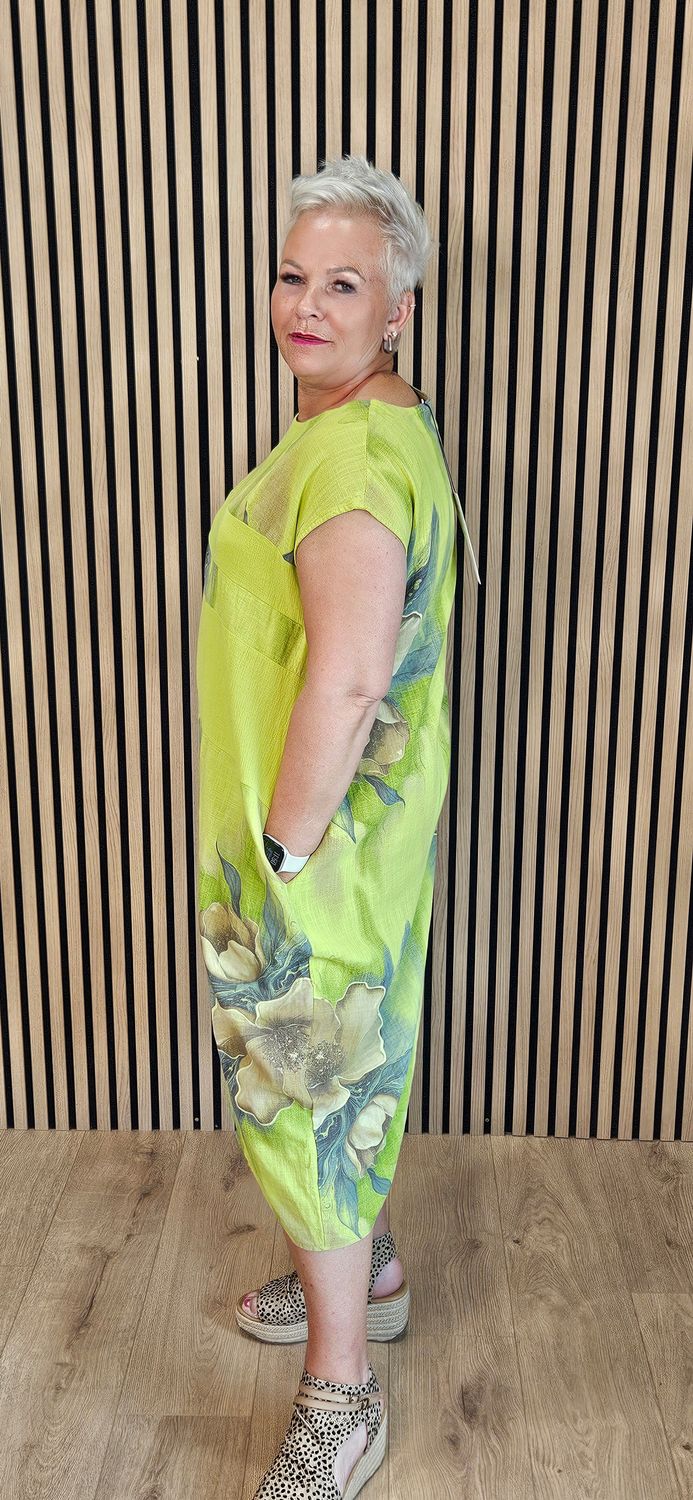 Floral Mesh Panel Cotton Dress – Lime green