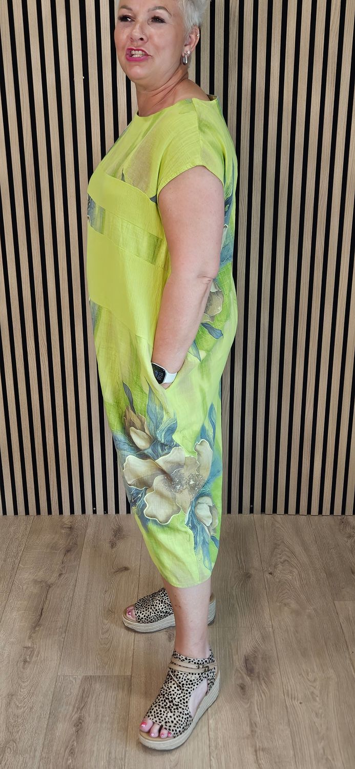 Floral Mesh Panel Cotton Dress – Lime green
