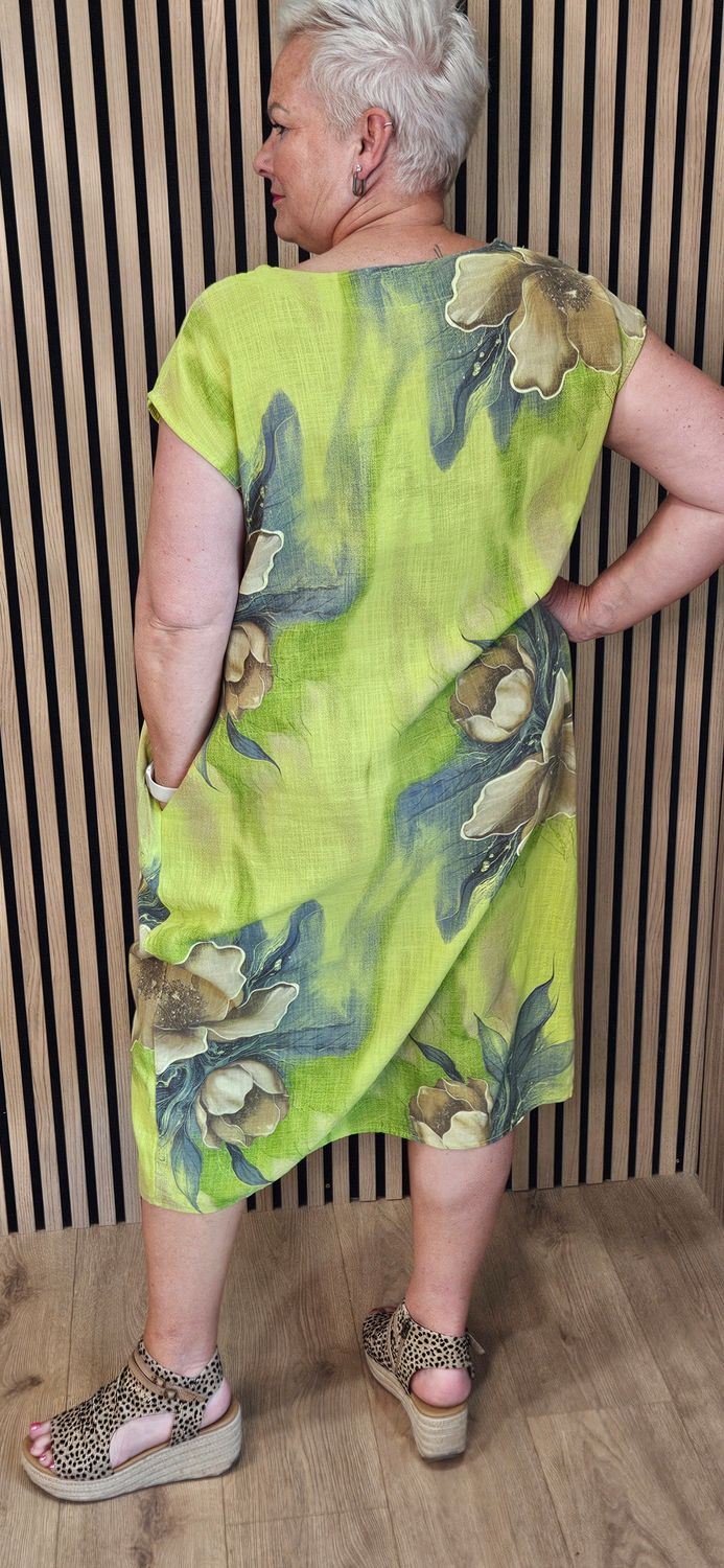 Floral Mesh Panel Cotton Dress – Lime green