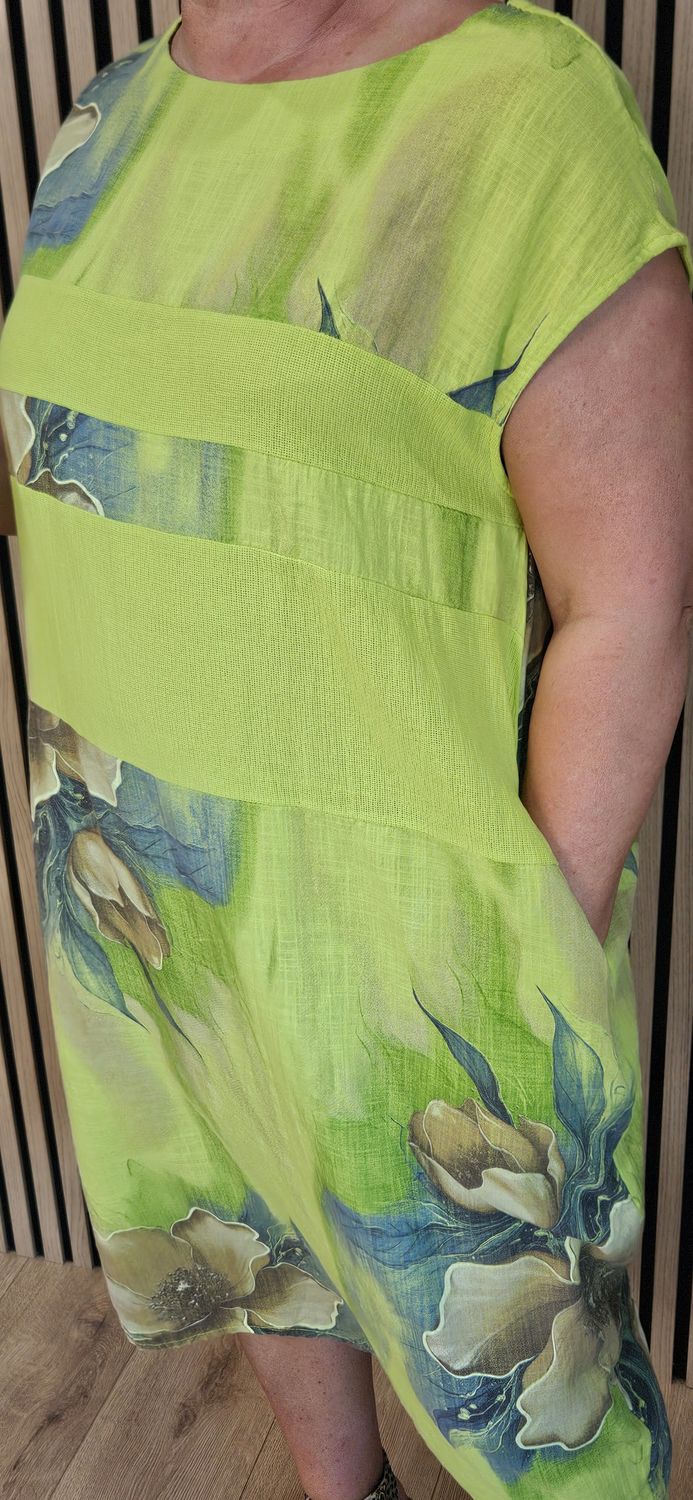 Floral Mesh Panel Cotton Dress – Lime green