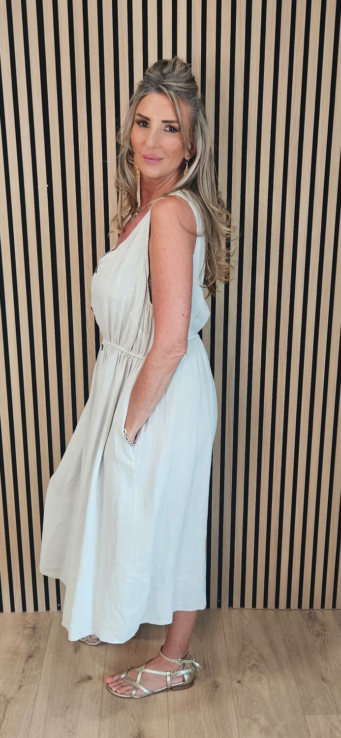 Linen Blend Button Front Maxi Dress – White