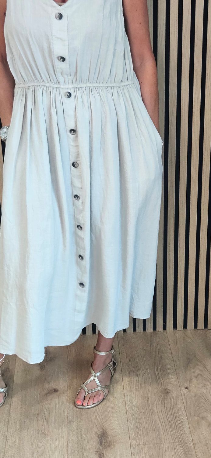 Linen Blend Button Front Maxi Dress – White