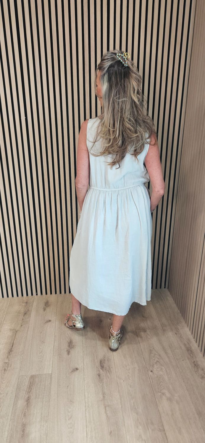 Linen Blend Button Front Maxi Dress – White