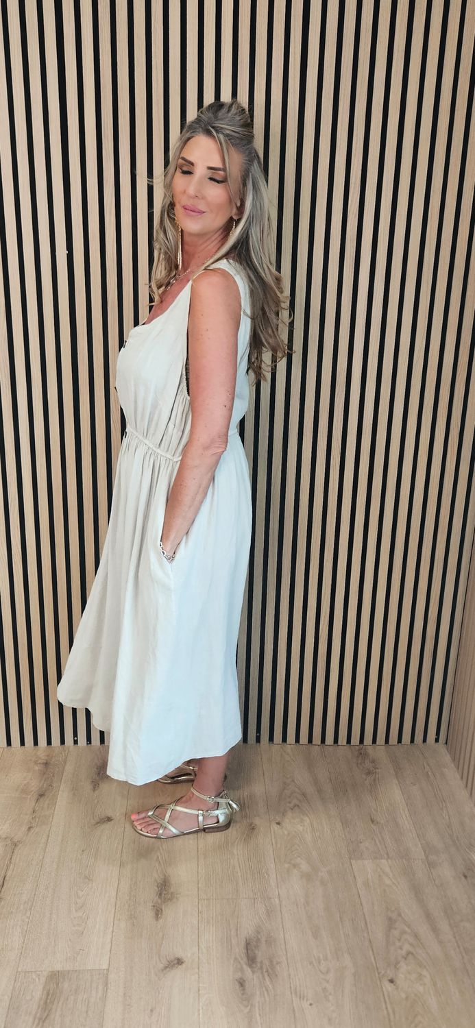 Linen Blend Button Front Maxi Dress – White