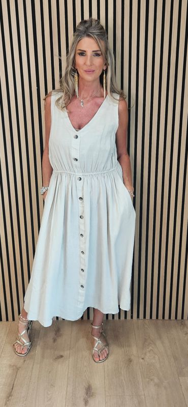 Linen Blend Button Front Maxi Dress – White