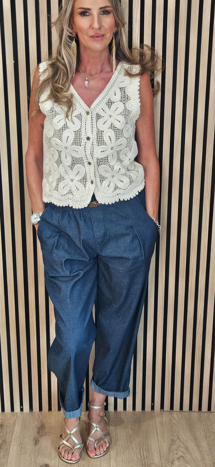 Floral Crochet Button Waistcoat - Cream