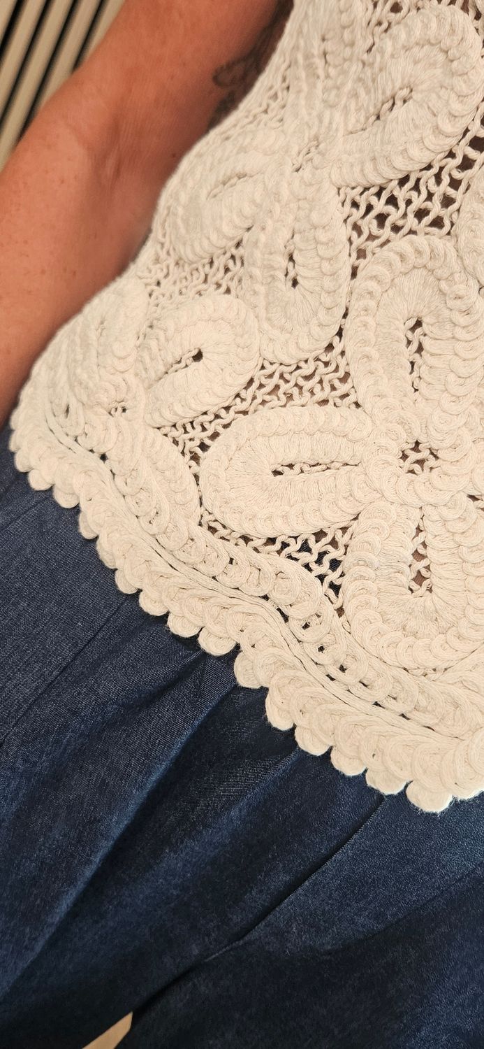 Floral Crochet Button Waistcoat - Cream