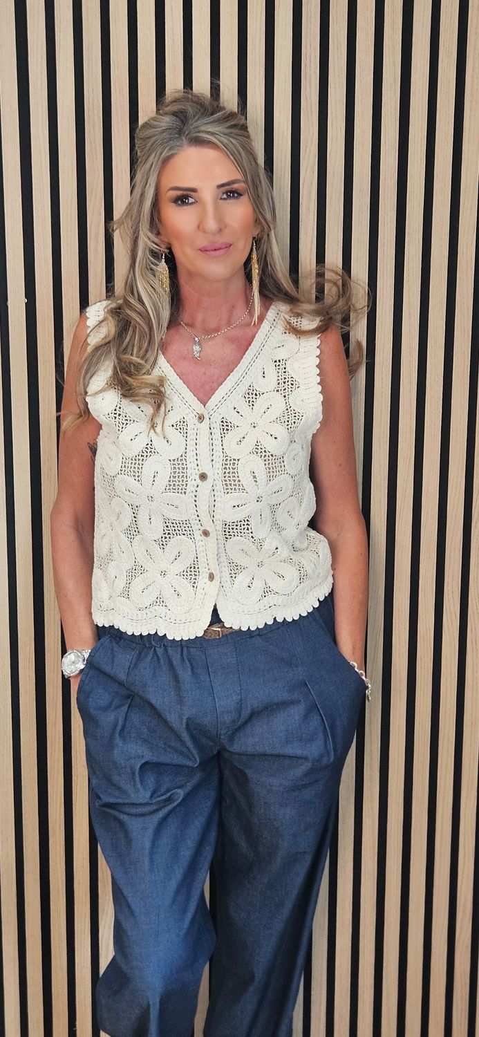 Floral Crochet Button Waistcoat - Cream
