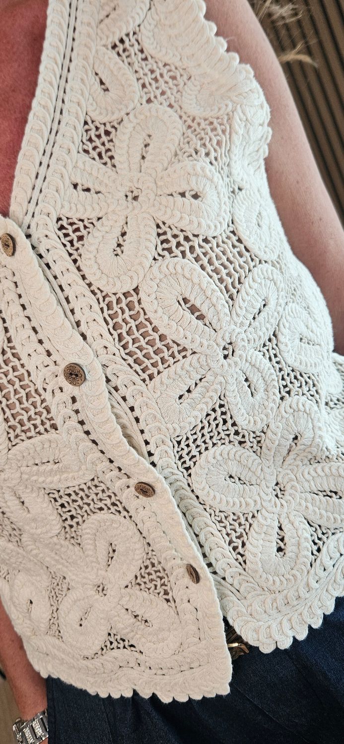 Floral Crochet Button Waistcoat - Cream