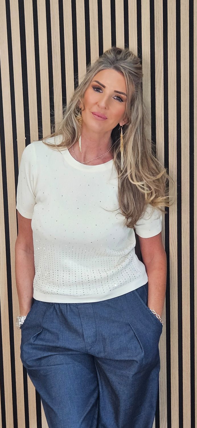Diamanté Detail Fine Knit Jumper - Cream