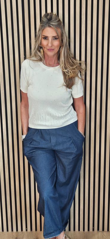 Diamanté Detail Fine Knit Jumper - Cream