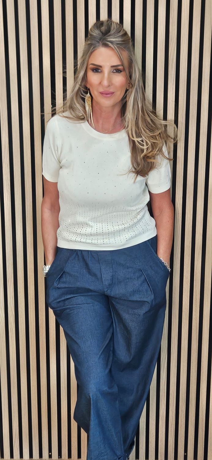 Diamanté Detail Fine Knit Jumper - Cream