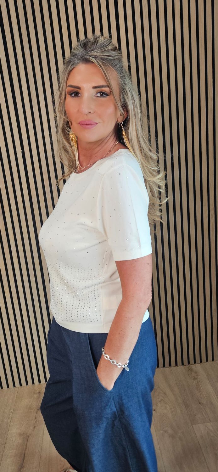 Diamanté Detail Fine Knit Jumper - Cream