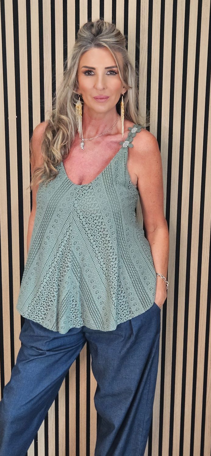 Lace Detail Swing Vest Top – Khaki