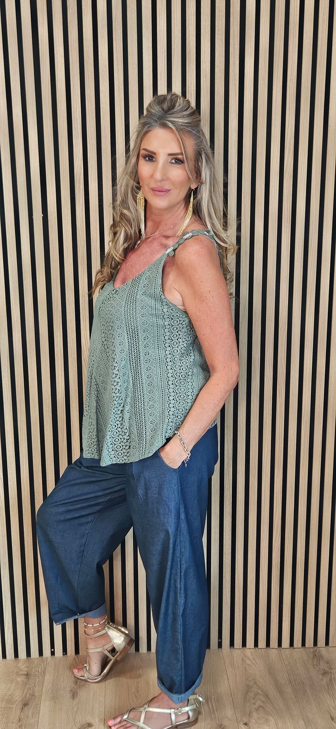 Lace Detail Swing Vest Top – Khaki