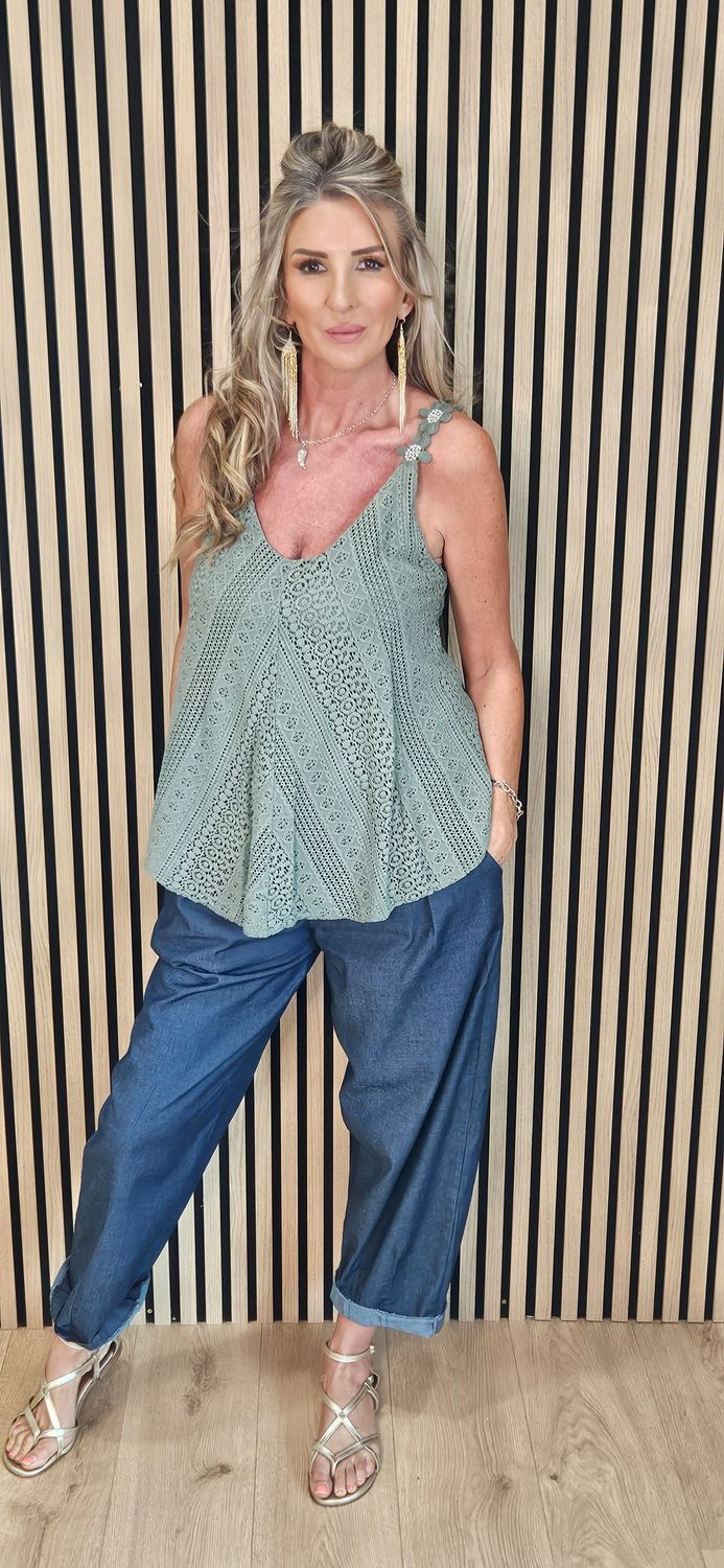 Lace Detail Swing Vest Top – Khaki
