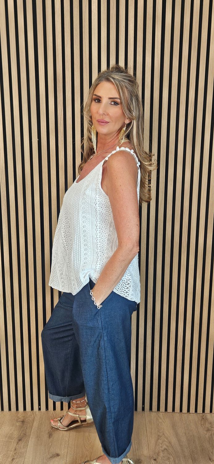 Lace Detail Swing Vest Top -White