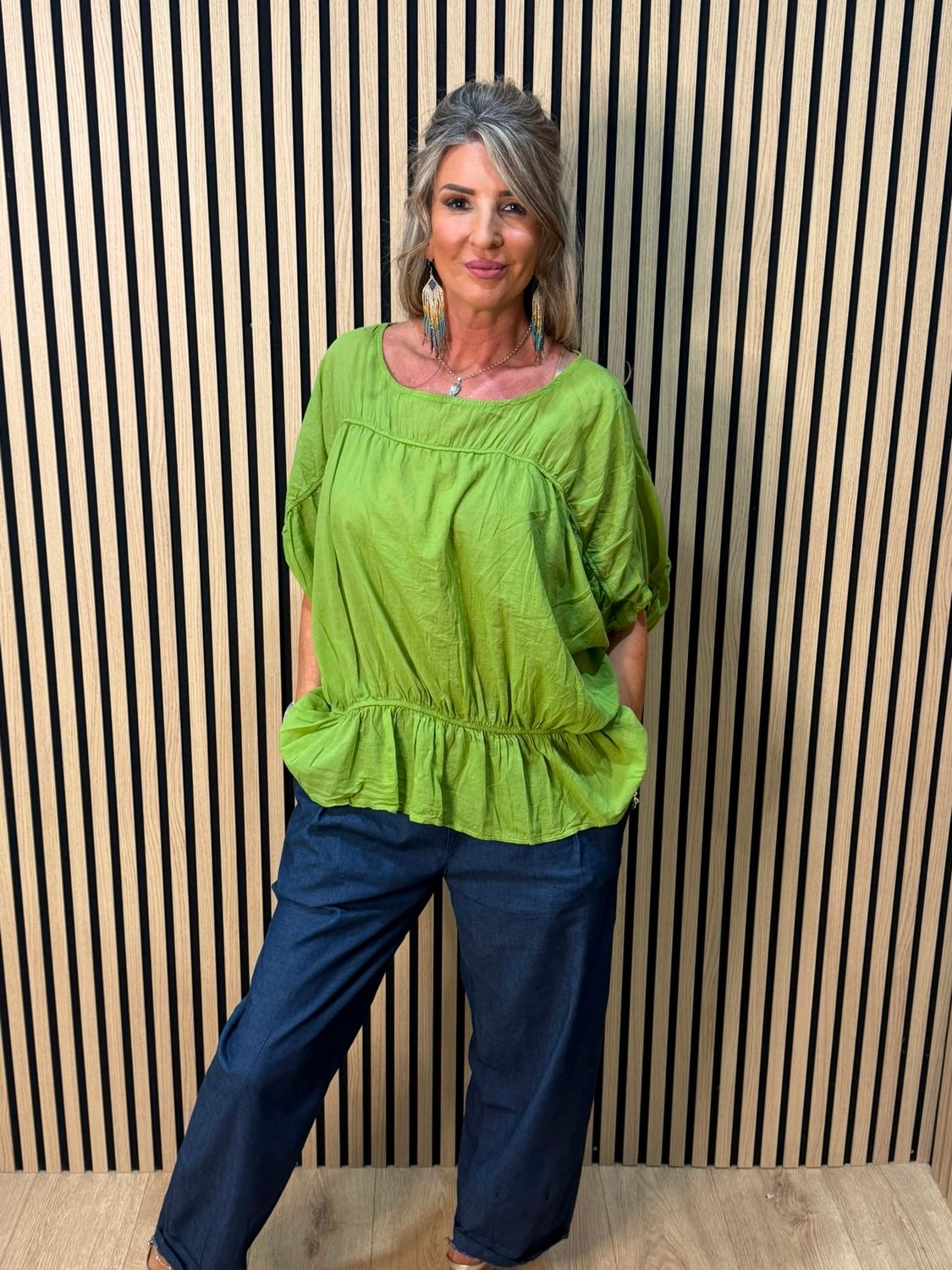 Stella Milani Cotton Peplum Top – Lime