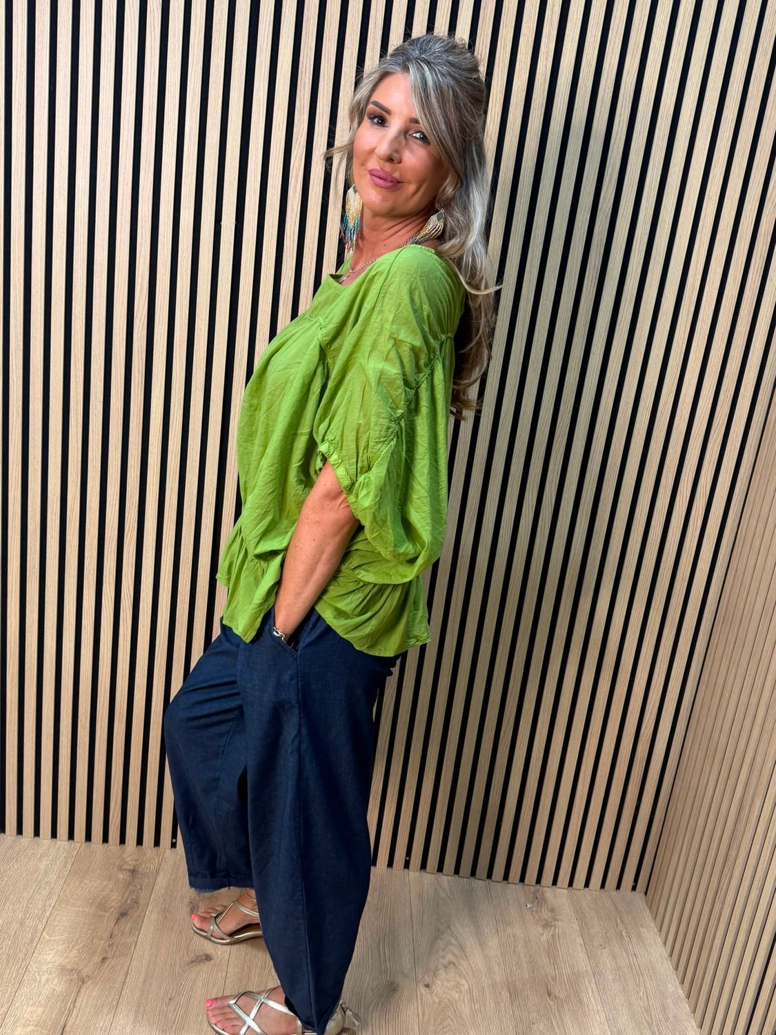 Stella Milani Cotton Peplum Top – Lime