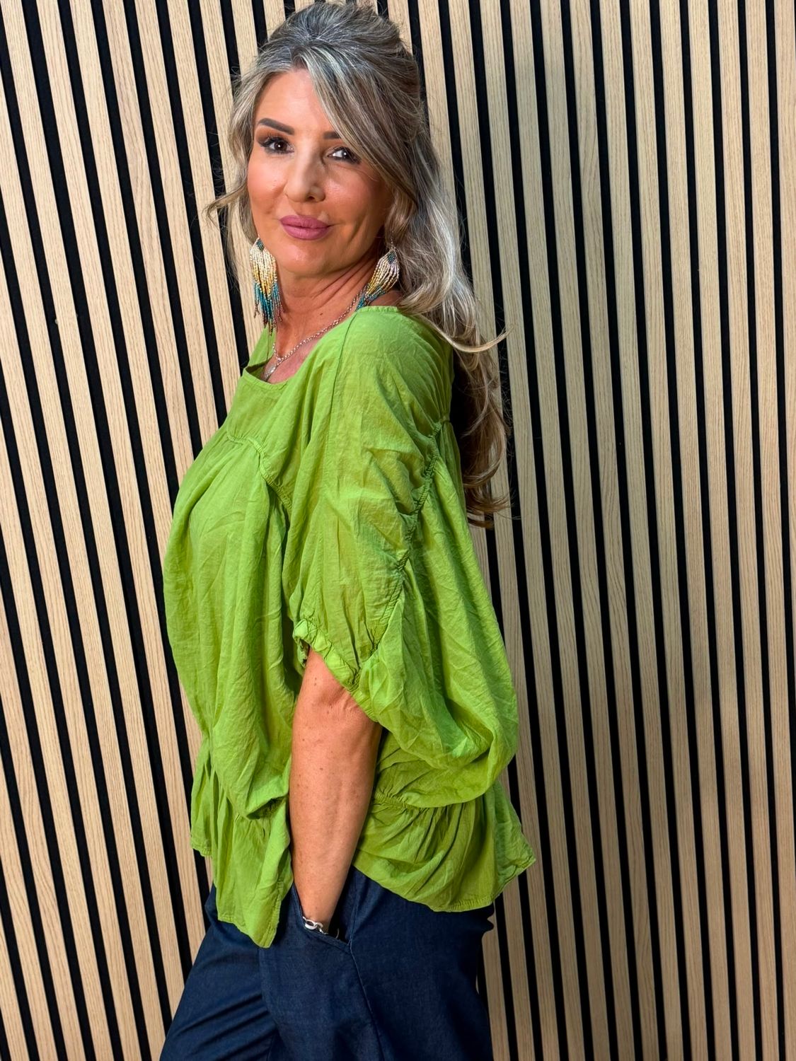 Stella Milani Cotton Peplum Top – Lime