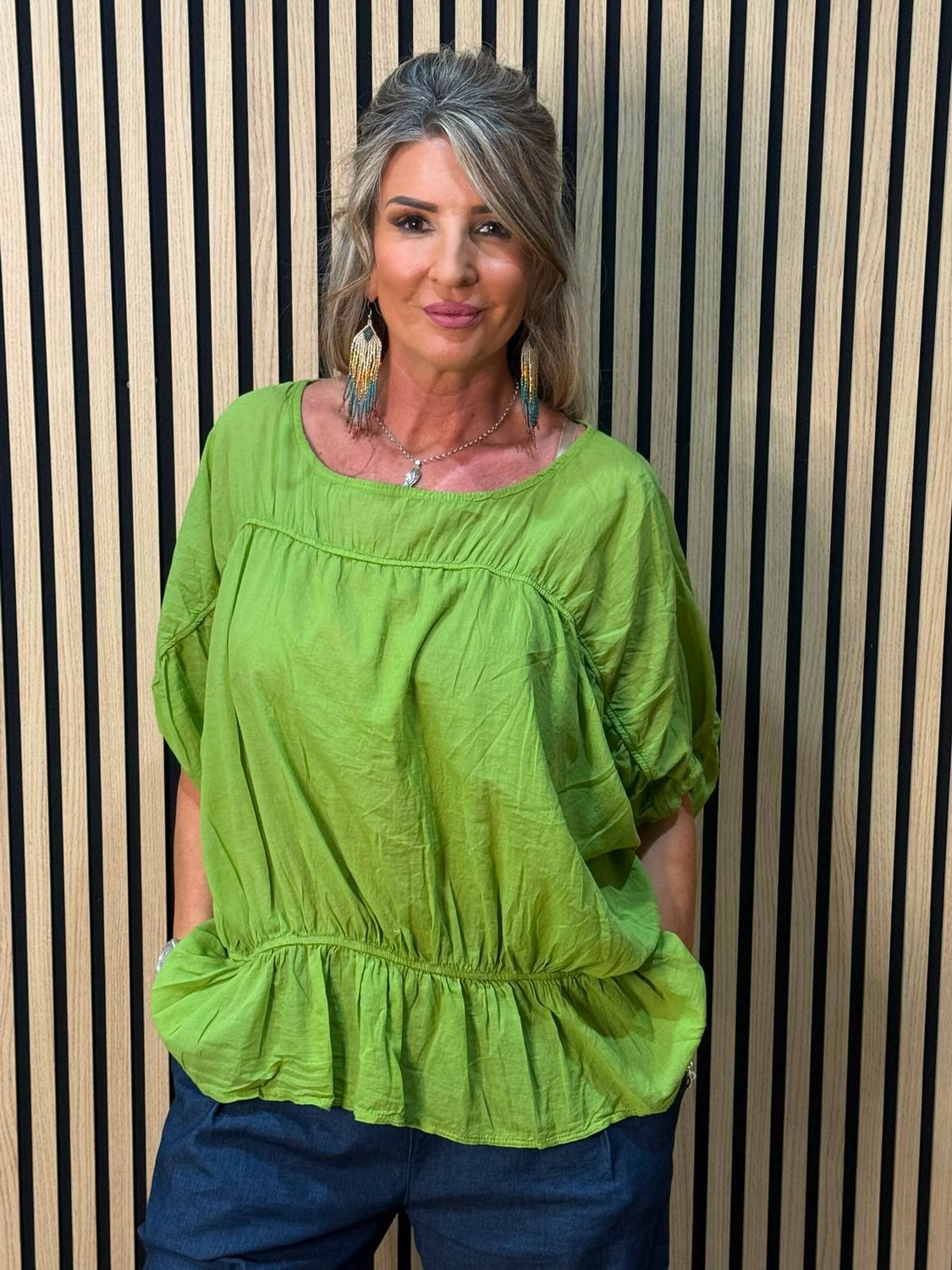 Stella Milani Cotton Peplum Top – Lime