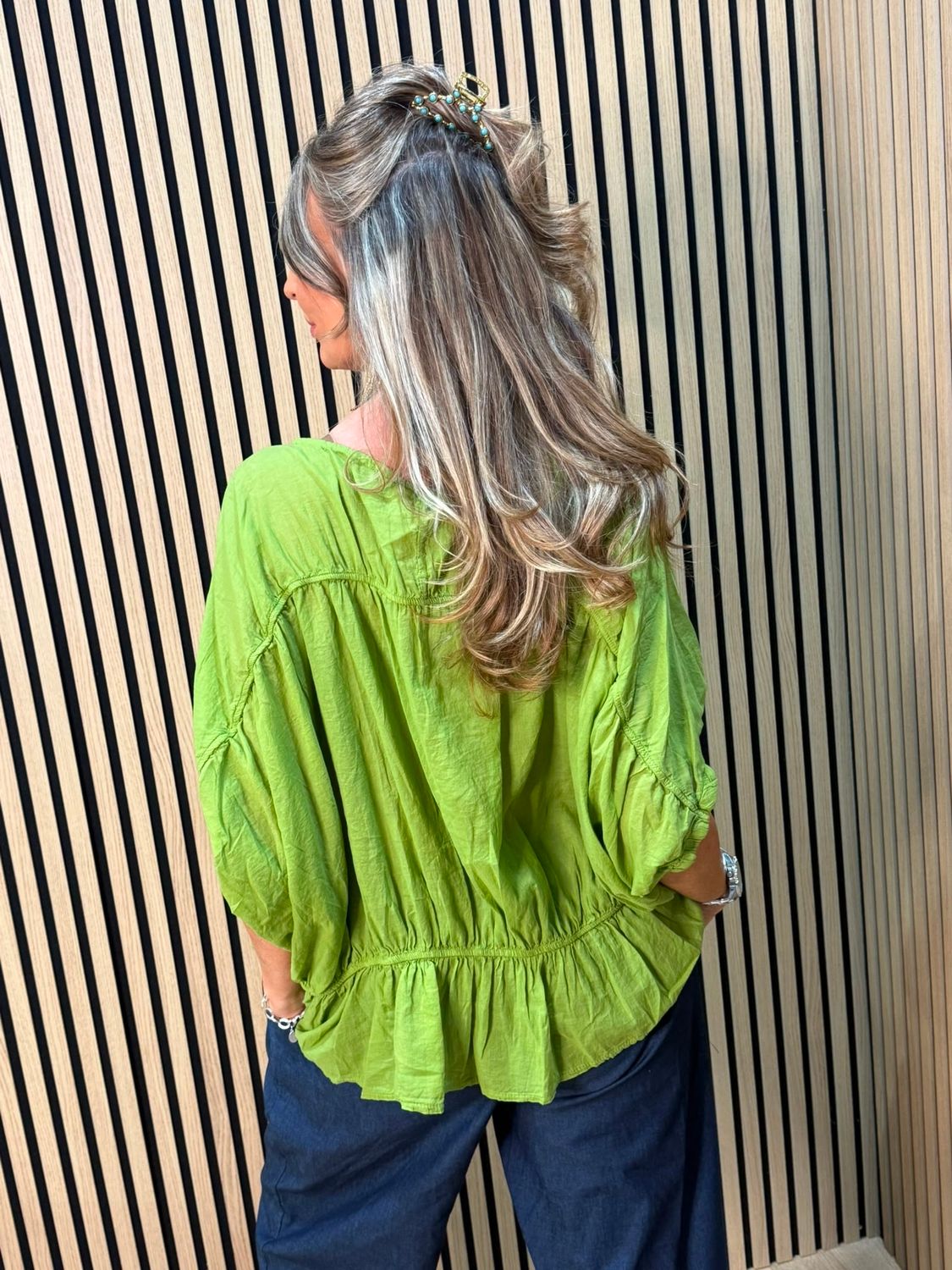 Stella Milani Cotton Peplum Top – Lime