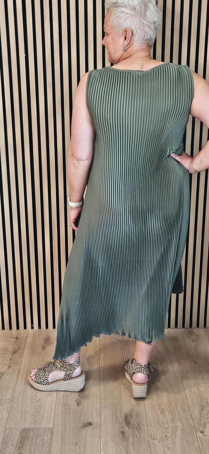 Pleated Asymmetric Midi Dress – Khaki