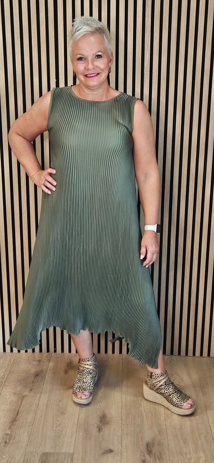Pleated Asymmetric Midi Dress – Khaki