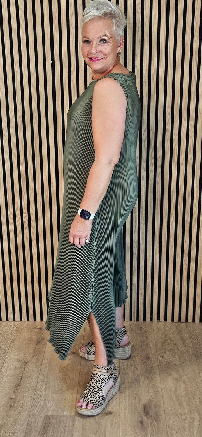 Pleated Asymmetric Midi Dress – Khaki