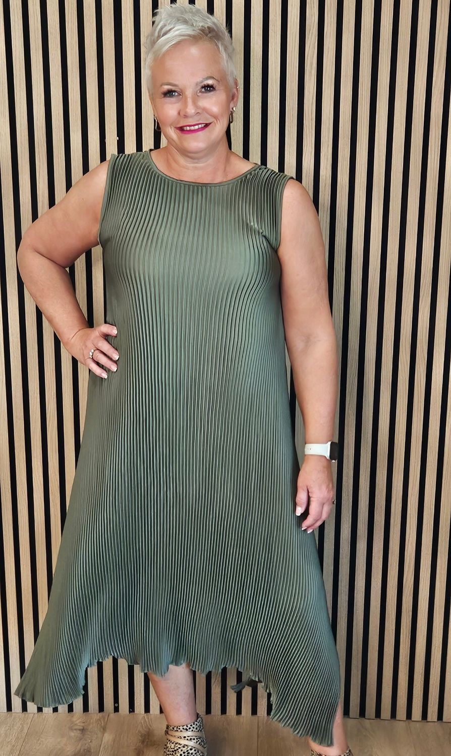 Pleated Asymmetric Midi Dress – Khaki