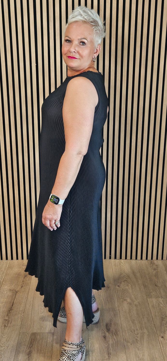 Pleated Asymmetric Midi Dress – Black