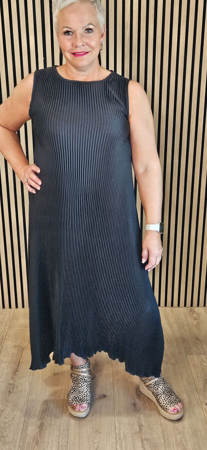 Pleated Asymmetric Midi Dress – Black