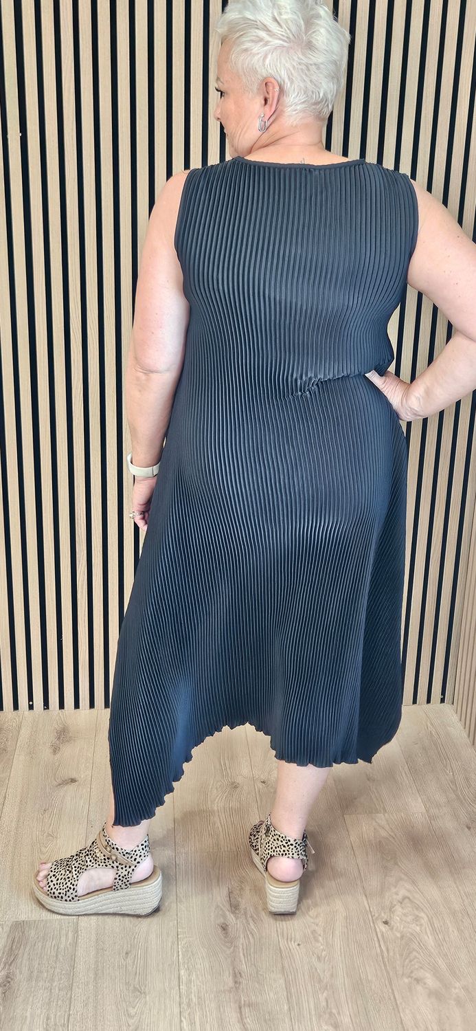 Pleated Asymmetric Midi Dress – Black
