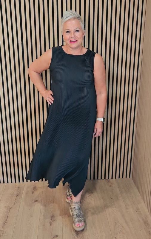 Pleated Asymmetric Midi Dress – Black