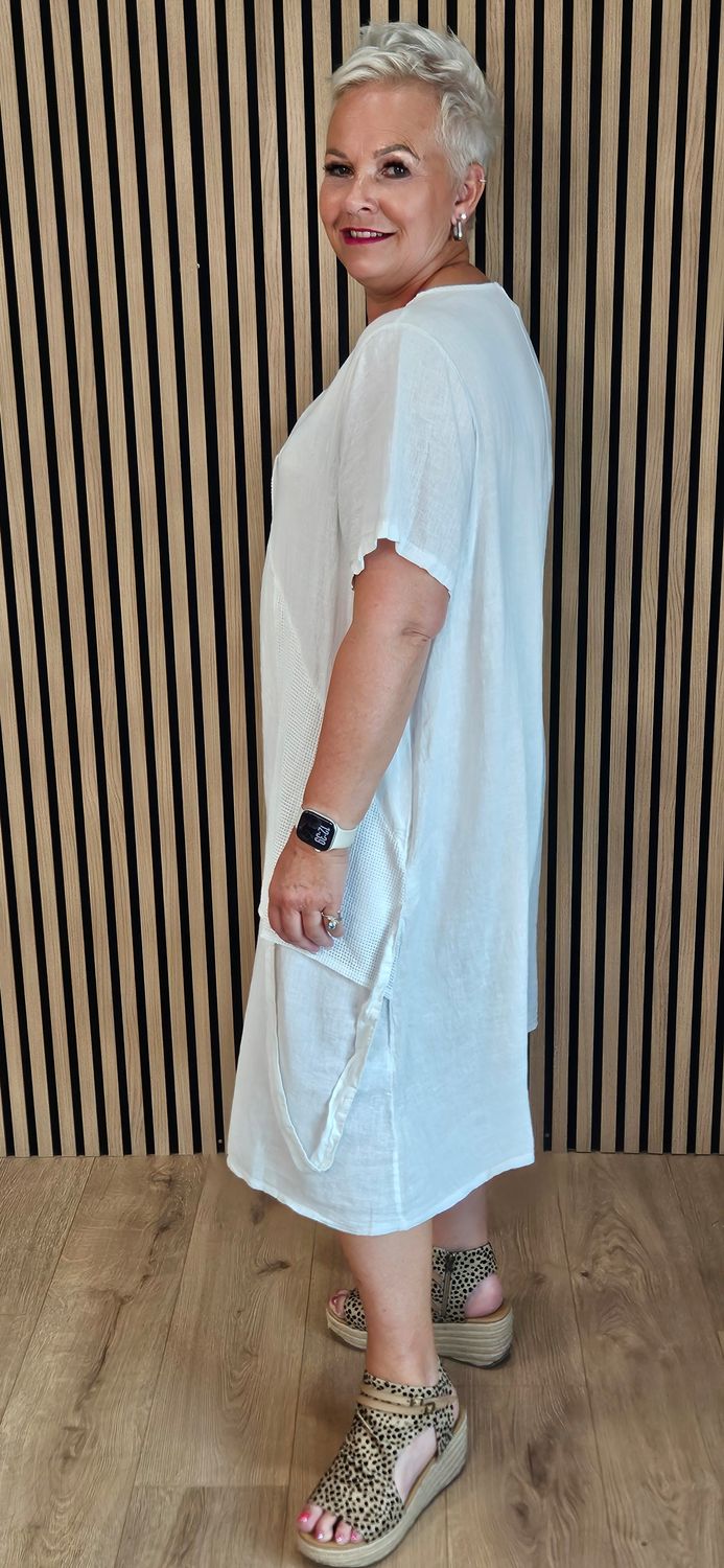 Linen Blend Mesh Panel Dress