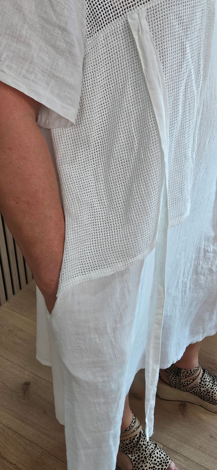 Linen Blend Mesh Panel Dress