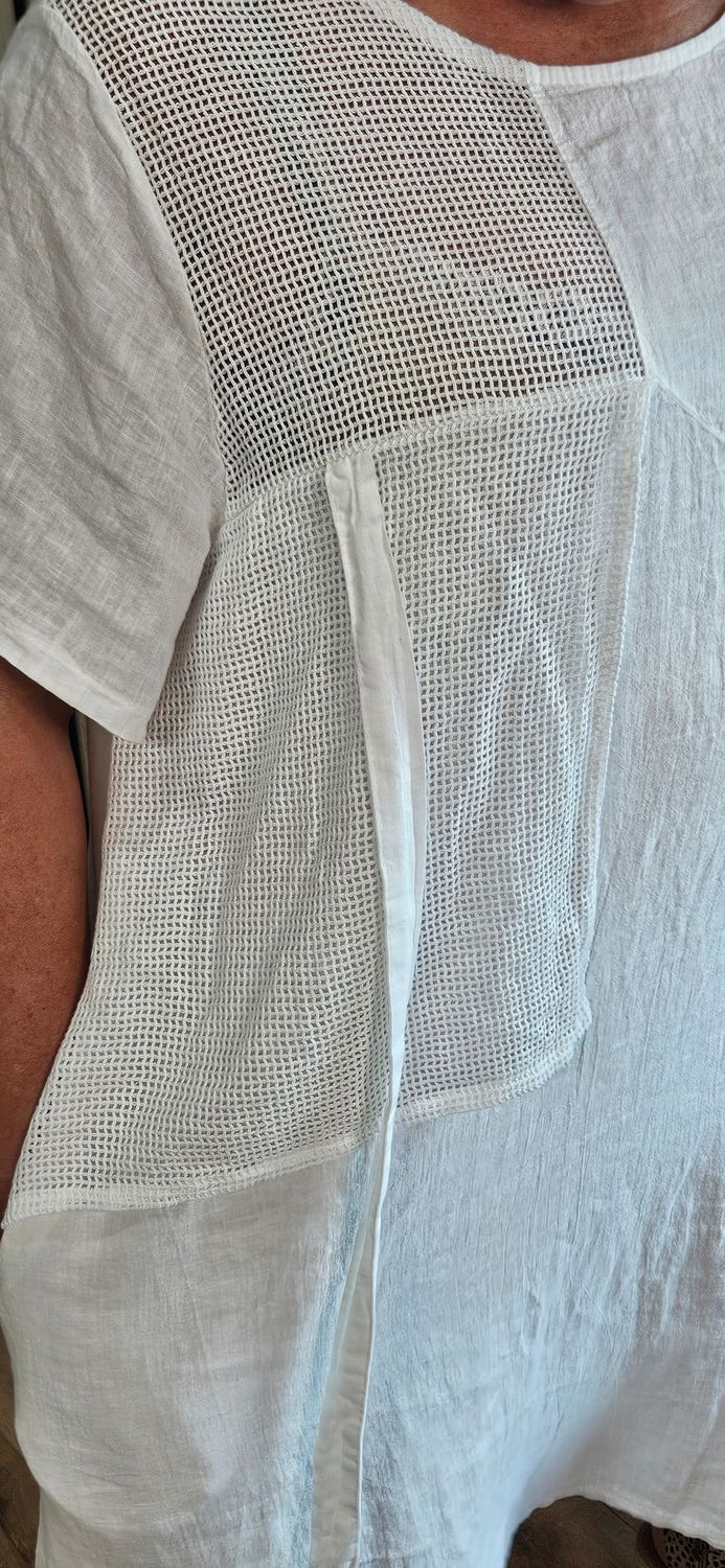 Linen Blend Mesh Panel Dress