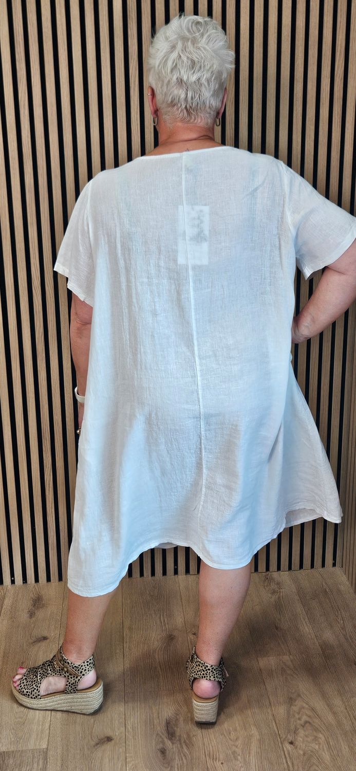 Linen Blend Mesh Panel Dress