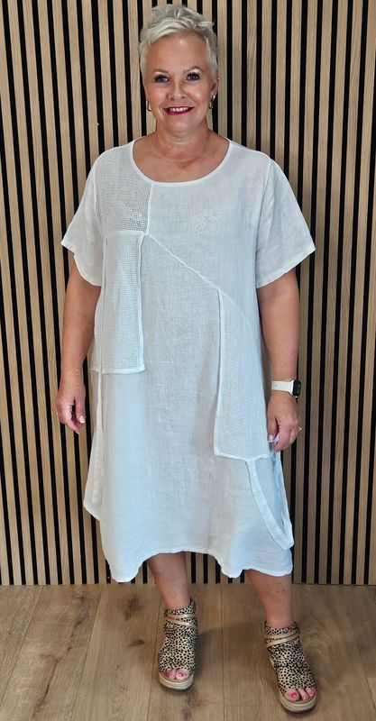 Linen Blend Mesh Panel Dress